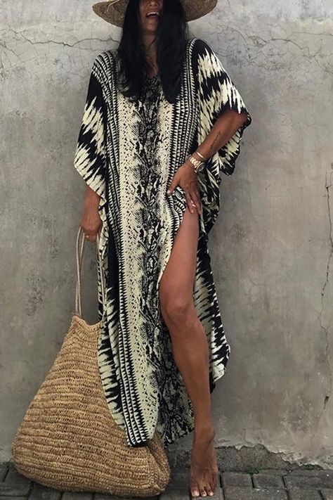 Details: Material: Polyester SIZE(IN) Bust Length One Size 35.8 54.3 Beach Kaftan Dress, Bohemian Kimono, Sleeve Swimsuit, Kaftan Maxi Dress, Black Tie Dye, Neck Bodycon Dress, Beach Maxi Dress, Oversized Dress, Black Swimwear