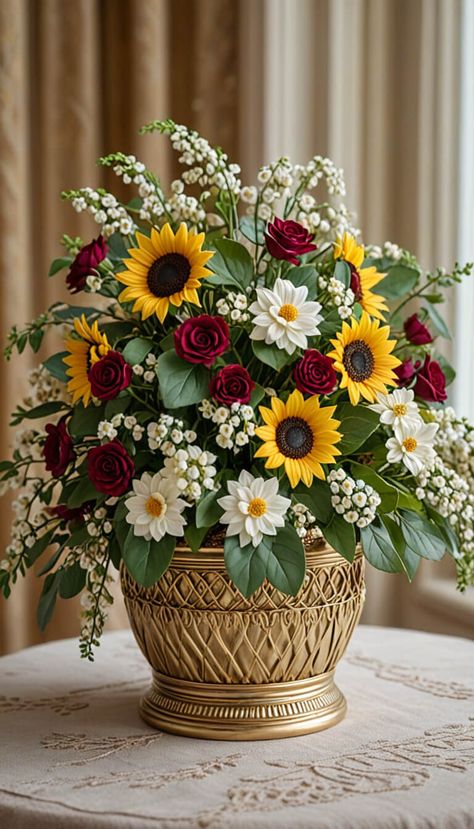 Daisy Flower Arrangements, Roses And Daisies, Sunflowers Roses, Gold Basket, Basket Of Flowers, Dream By Wombo, Front Porches, Flower Basket, Daisy Flower