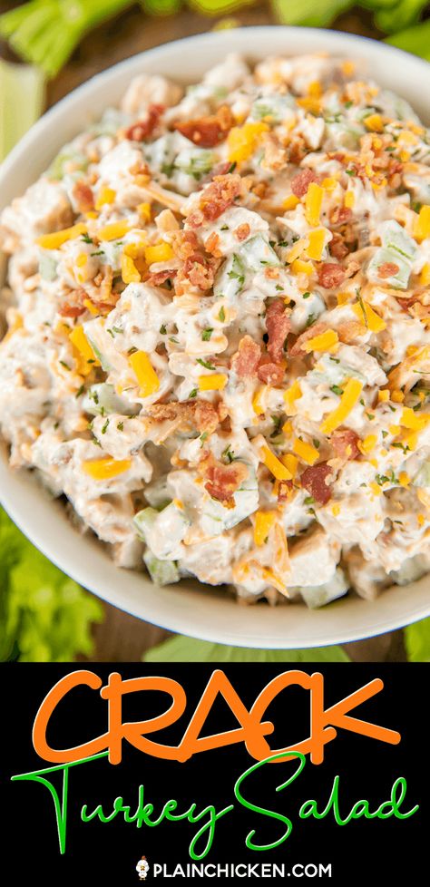 Crack Turkey Salad - Leftovers never tasted so good! Turkey salad loaded with cheddar, bacon, and ranch. A great way to use up all that leftover Thanksgiving turkey! Serve on a croissant for the best turkey sandwich EVER! Leftover turkey, celery, mayonnaise, ranch dressing mix, bacon, cheddar cheese, and Worcestershire sauce. Can make in advance and refrigerate until ready to serve. #thanksgiving #turkey #sandwich Leftover Shredded Turkey Recipes, Turkey Melts In Oven, Turkey Salad Sandwich Recipe, Leftover Turkey And Dressing Recipes, Recipes With Leftover Turkey Meat, Low Calorie Turkey Recipes, Summer Turkey Recipes, Turkey And Dressing Sandwiches, Recipes With Turkey Meat