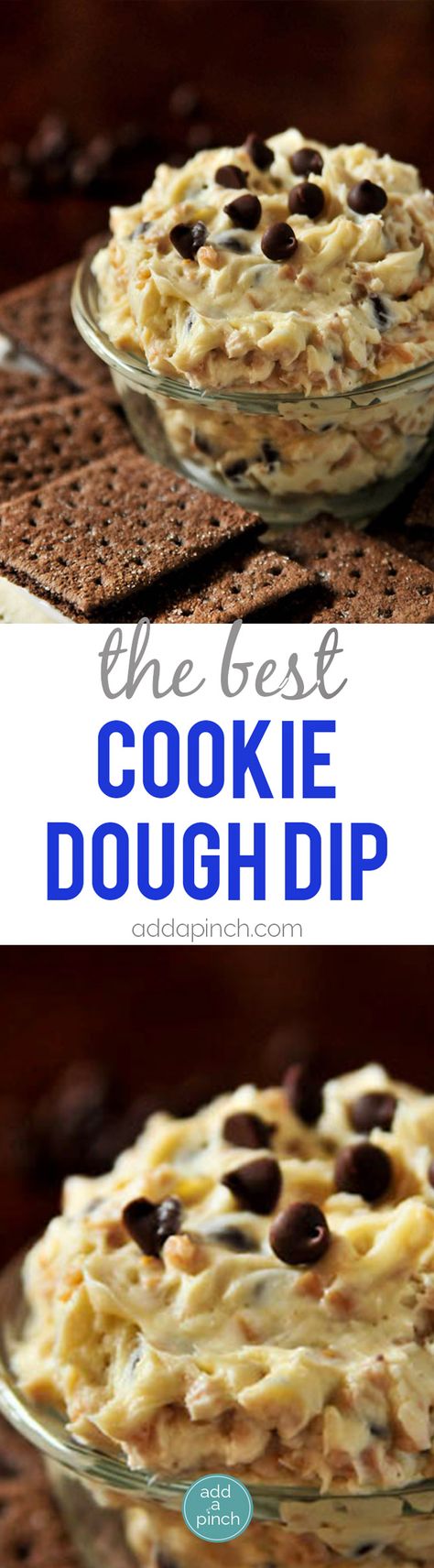 The BEST Cookie Dough Dip Recipe - Seriously the BEST Cookie Dough Dip Recipe that I've ever tasted! So quick and easy and always a favorite when you serve it! This creamy dip tastes just like cookie dough in dip form! Made with cream cheese, chocolate chips, and a secret ingredient that takes it over the top! Everyone will ask for the recipe! Serve with graham crackers, pretzels or fruit! // addapinch.com Peanut Butter Cookie Dough Dip, Chocolate Chip Cookie Dough Dip, Easy Delicious Cookies, Cookie Dough Dip Recipe, Easy Cookie Dough, Cookies Dough, Cookie Dough Dip, Biscuits Graham, Peanut Butter Cookie Dough