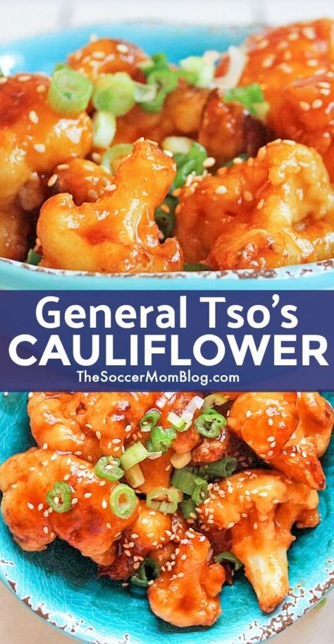 This General Tso's Cauliflower is a delicious healthy twist on a Chinese take-out favorite! Crispy, tangy, sweet, and tender! It's seriously amazing! General Tso Cauliflower, General Tso's Cauliflower, General Tso Sauce, Spicy Vegetarian Recipes, Bites Recipes, Savory Bites, Cauliflower Dishes, Sweet And Spicy Sauce, General Tso