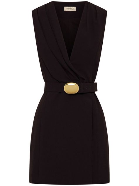 black concealed front button fastening draped crossover V-neck sleeveless wraparound style belted waist with gold-tone buckle fastening full lining straight hem thigh-length Black Luxury Clothes, Luncheon Dress, Woven Dresses, Black Wealth, Spring Scene, Wardrobe Edit, Business Casual Dresses, Yoko London, Mini Dress Black