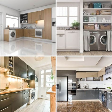 different kitchen designs with laundry machines Kitchens With Laundry Area, Washer In Kitchen Ideas, Tiny Kitchen And Laundry Combo, Kitchen And Laundry Room Combo Layout, Washer And Dryer In Small Kitchen, Kitchen Layout With Laundry, Galley Kitchen With Laundry At End, Wash And Dryer In Kitchen, Kitchens With Washer And Dryer In Them