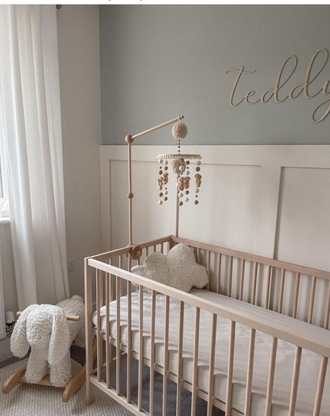 Neutral Nursery With Accent Wall, Blue Wall Panelling Nursery, Beadboard Nursery Wall, White And Beige Nursery, Nursery Panelling Wall, Nursery With Grey Crib, Taylor Swift Nursery, Nursery Panelling, Beige Baby Room