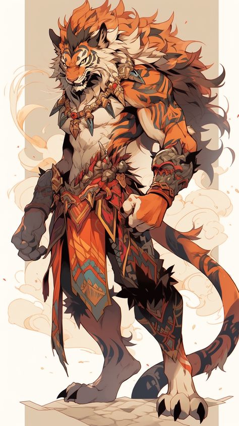 one of the tiger people Tiger Creature Design, Tiger People Character Design, Tiger Warrior Art, Tiger Wolf Hybrid, Tiger Barbarian, Feline Character Design, Tiger Character Design Human, Tiger Person, Tiger Concept Art