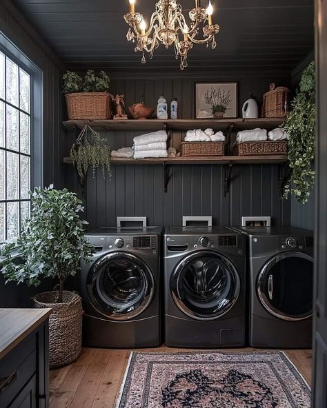 Laundry Room Ideas With Dark Appliances, Dark Grey Laundry Room, Laundry Room With Dark Appliances, Laundry Room With Black Washer And Dryer, Laundry Room Black Appliances, Gothic Laundry Room, Dark Laundry Room, Moody Laundry Room, Black Laundry Room