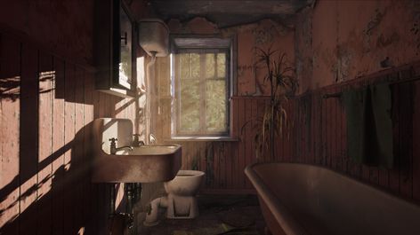 Bathroom Concept Art, Abandoned Bathroom, Zombie Apocalypse House, Apocalypse House, Bathroom Photography, Bathroom Scene, Liminal Space, Push It, Survival Games