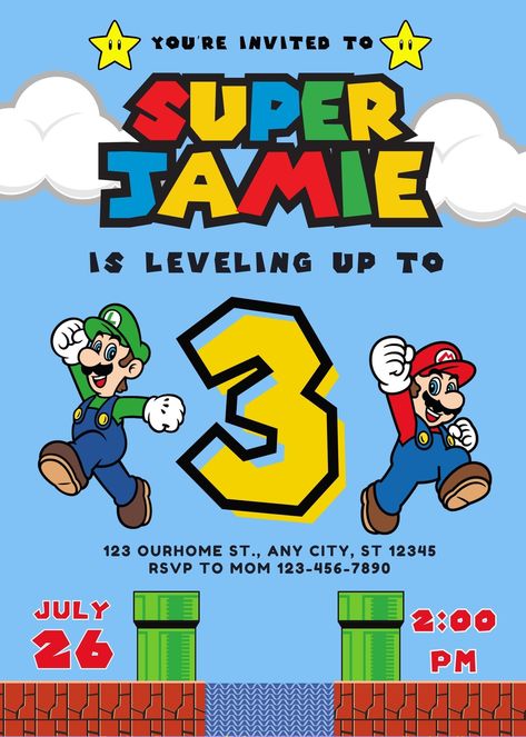 Mario Third Birthday Party, Super Mario 3rd Birthday Party, Super Mario Birthday Party Invitations Free Printable, Super Mario Brothers Birthday Party Invitations, Mario Kart Birthday Party Invitations, Free Super Mario Invitations, Mario Brothers Invitation Template, Super Mario Themed Birthday Party, Super Mario Birthday Party