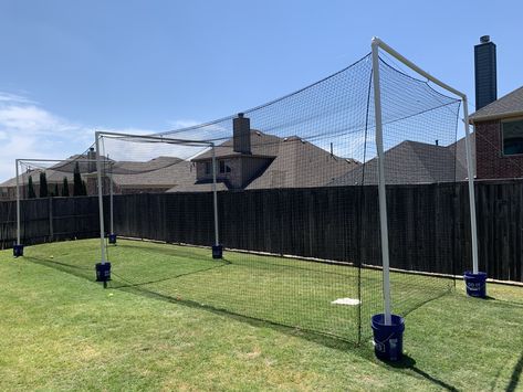 Softball Backyard Ideas, Building A Batting Cage, Baseball Cage Backyard, At Home Batting Cage, Backyard Batting Cage Diy, Diy Backstop Baseball, Outdoor Batting Cage, Sports Backyard Ideas, Retractable Batting Cage