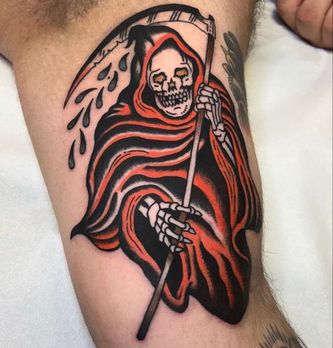 Tattoo American Traditional Reaper, American Traditional Grim Reaper Tattoo, American Traditional Grim Reaper, Traditional Tattoo Coffin, Traditional Grim Reaper Tattoo, Grim Reaper Tattoo, Reaper Tattoo, Traditional Style Tattoo, Style Tattoo