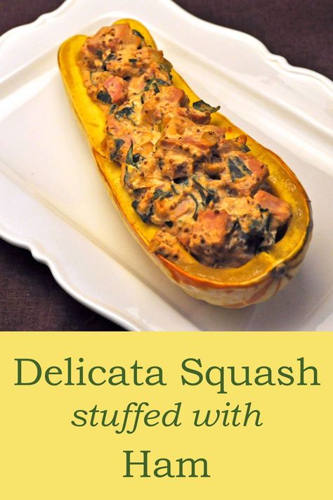 Stuffed Delicata Squash filled with Ham, Herbs and Ricotta Cheese for an easy, fall main course. Serve with rice or quinoa #DelicataSquash #StuffedWinterSquash #StuffedSquashFor2 Stuffed Delicata Squash, Ricotta Prosciutto, Delicata Squash, Small Pasta, Bacon Recipes, Main Courses, Easy Fall, Ricotta Cheese, Sharing Board