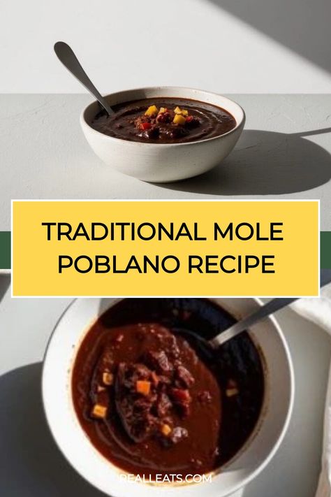 Traditional Mole Poblano in a white bowl with a spoon, garnished with diced fruits or vegetables. Text overlay: "TRADITIONAL MOLE POBLANO RECIPE". Mole Chicken Recipe, Mole Chili, Mole Recipe, Chocolate Pasta, Mole Poblano, Chicken Mole, Mexican Sauce, Almond Chicken, Mole Sauce