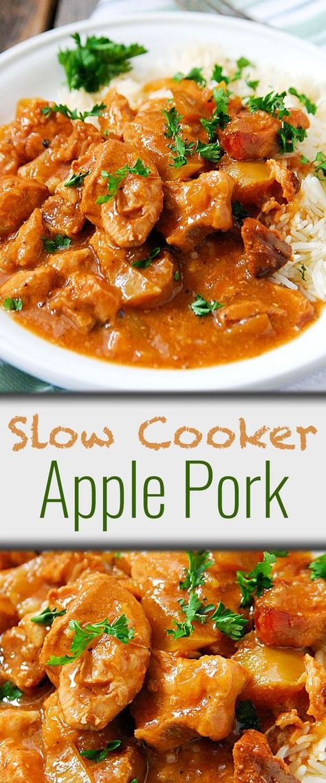 Slow Cooker Apple Pork recipe - you'll have most ingredients on hand to make this crockpot pork, it's easy and so delicious! Apple Recipes Crockpot, Pork Stew Meat Recipes, Slow Cooker Ratatouille, Pork Stew Meat, Pork Apple, Meals Crockpot, Pork Stew Recipes, Slow Cooker Apple, Slow Cooker Recipes Pork