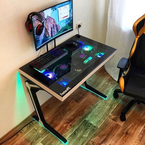 Diy Video Game Room, Custom Pc Desk, Built In Computer Desk, Diy Pc Case, Gaming Computer Room, Custom Computer Case, Diy Computer Desk, Diy Pc, Small Game Rooms