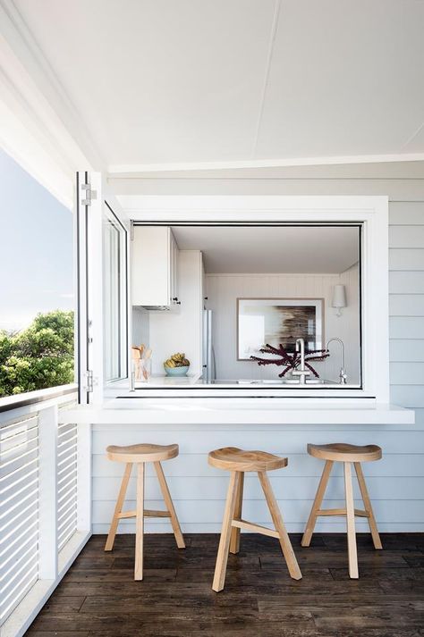 Kitchen Servery, Airbnb Investment, Modern Coastal Interior Design, Nautical Kitchen, White Exterior Houses, Plywood Interior, Standard Kitchen, Beach House Interior Design, Bungalow Renovation