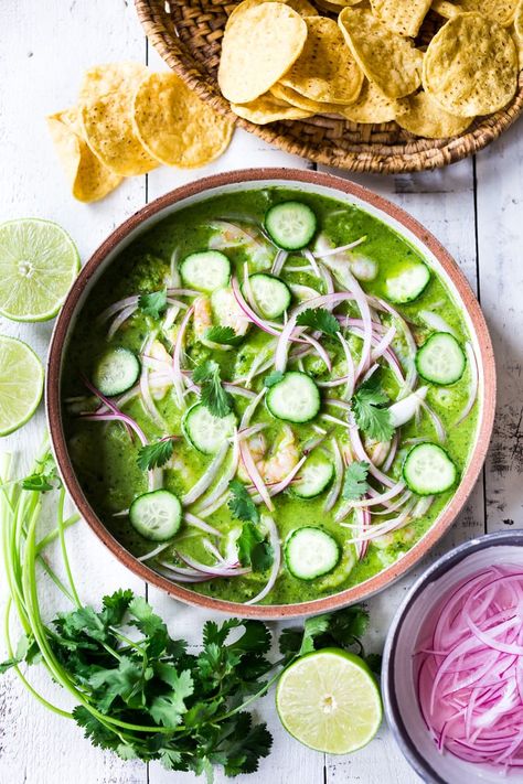 Authentic Aguachile Recipe! Similar to ceviche, shrimp is cooked in a mixture of lime juice, chiles and cilantro. Flavorful, simple and sooooo delicious! #aguachile #shrimp #verde #ceviche #Mexican Coastal Mexican Food, Green Shrimp Ceviche, Mexican Fish Recipes Authentic, Green Ceviche Recipe, Elevated Mexican Cuisine, Easy Aguachile Recipe, Green Aguachile Recipe, Aqua Chiles, Aqua Chilies Recipe