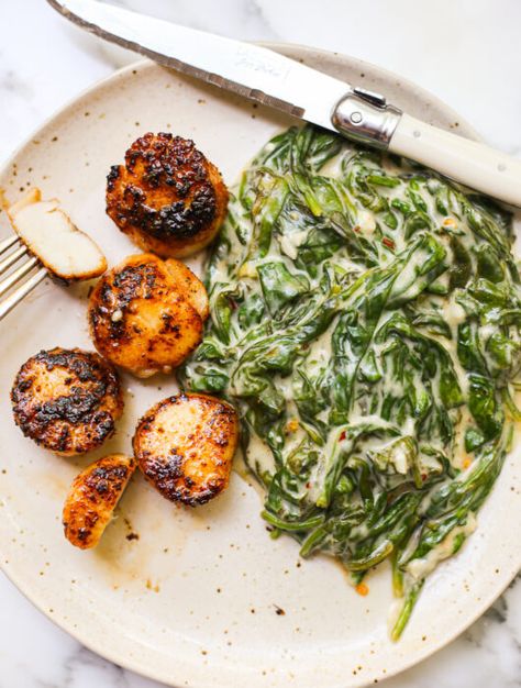 Dairy Free Creamed Spinach, Blackened Scallops, The Defined Dish, Defined Dish, Recipe For Dinner, Dairy Free Cream, Scallop Recipes, Creamed Spinach, Spinach Recipes