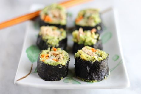 Salmon Sushi Rolls - these AIP-friendly sushi rolls are packed full of cooked salmon, carrots, cukes, turmeric cauliflower rice, and ginger guacamole! | fedandfulfilled.com Aip Sushi, Paleo Sushi, Salmon Sushi Rolls, Sweets For Diabetics, Turmeric Cauliflower, Aip Paleo Recipes, Japanese Desserts, Salmon Sushi, Paleo Food