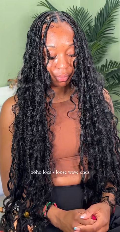 Find Your Style Inspiration with Pinterest-Perfect Hairstyles | Define Your Beauty Vacation Faux Locs, Medium Sized Faux Locs, Long Boho Soft Locs, Faux Locs Styles With Curls, Brown Soft Locs With Curls, Bohemian Soft Locs With Curls, Faux Locs Vacation, Soft Locs With Bohemian Curls, Small Boho Faux Locs