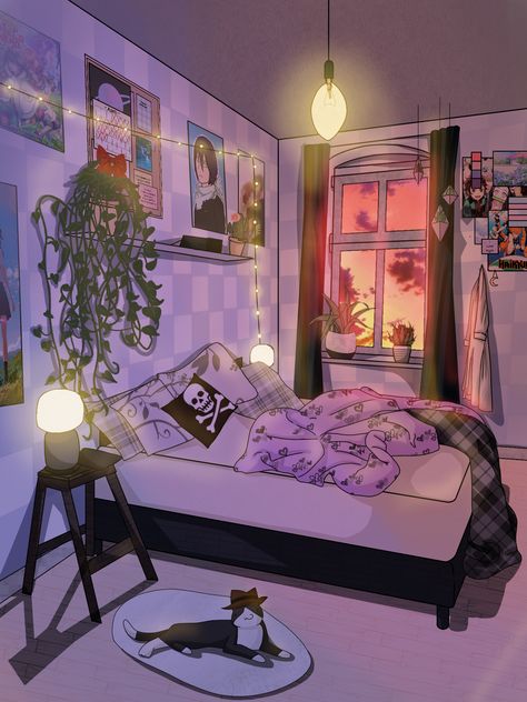 Bedroom Art Drawing, Backgrounds For Drawings Bedroom, Purple Room Drawing, Apartment Drawing Aesthetic, Aesthetic Room Drawing Ideas, Cartoon Bedroom Aesthetic, Digital Art Bedroom, Bedroom Art Reference, Lofi Bedroom Aesthetic