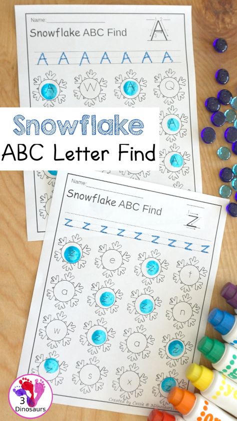 Snowflake Themed ABC Letter Find: It has all the letters of the alphabet with uppercase and lowercase options with tracing - 3Dinosaurs.com #letterfind #abcletterfind #alphabet #winterprintables #prek #kindergarten #3dinosaurs Snowflake Alphabet Letters, Alphabet Letters To Print, Baby Flash Cards, Winter Classroom Activities, 3 Dinosaurs, All About Me Preschool, Kids Printables, Homeschool Board, Theme Activities