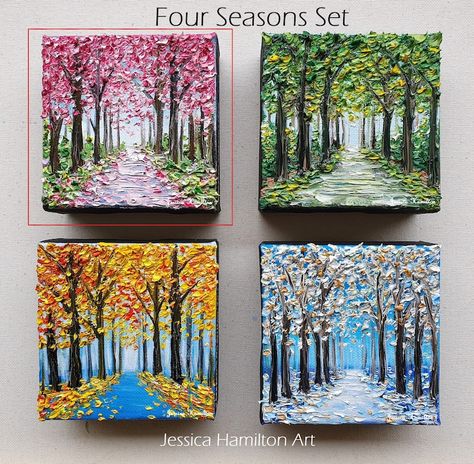 Art Mini Toile, Mini Oil Painting, Modern Palette, Small Canvas Paintings, Winter Painting, Spring Painting, Impasto Painting, Palette Knife Painting, The Four Seasons