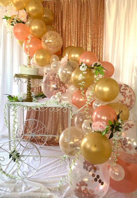 Tea cart used as a cake stand. Rose gold backdrop. Balloon garland with floral decor. Cart With Balloons, Floral Decor Backdrop, Backdrop Balloon Garland, Rose Gold Backdrop, Backdrop Balloon, 25 Birthday, Gold Backdrop, Tea Cart, Balloon Ideas