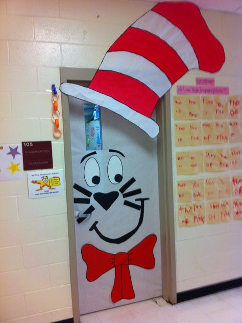 The Cat in the Hat Door Cat In The Hat Decorations Classroom, Cat In The Hat Classroom Door, Cat In The Hat Door Decoration, Cat In The Hat Bulletin Board Ideas, Cat In The Hat Bulletin Board, Dr Suess Door Decorations Schools, Dr Seuss Classroom Door Ideas, Dr Seuss Door Decorating Ideas Teachers, Dr Suess Door Decorations