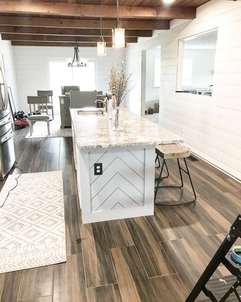 Island Siding Ideas, Chevron Kitchen Island, Island Wrap Ideas, Under Island Wall Ideas, Shiplap Island Kitchen, Basement Island, Shiplap Kitchen Island, Shiplap Bar, Shiplap Island