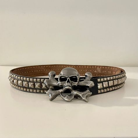 Belt Y2k, Y2k Skull, Y2k Belt, Small Belt, Year 2000, Black Leather Belt, Studded Leather, Vintage Silver, Belt Buckles