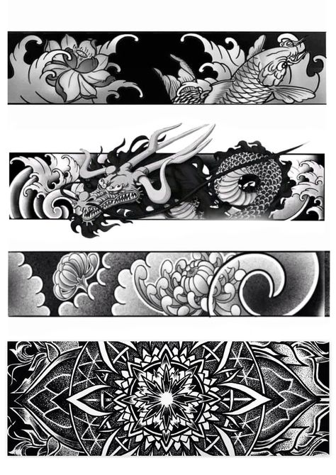 Dragon Armband Tattoo, Arm Band Tattoo Designs, Geometric Tattoo Sleeve Designs, Koi Tattoo Sleeve, Band Tattoos For Men, Virgo Tattoo Designs, Mandala Hand Tattoos, Unique Wrist Tattoos, Mystical Tattoos