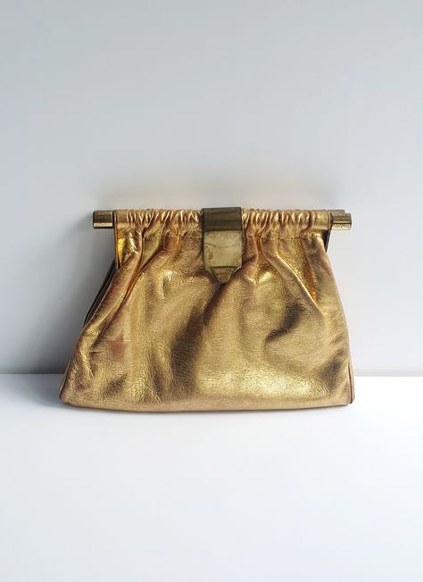 Art Deco bag, gold leather clutch, unusual fastening, finger strap, wedding bag, rare item Valentino Archive, Art Deco Bag, Gold Clutch Bag, Brass Tube, Art Deco Gold, Gold Clutch, Vintage Icons, Leather Clutch Bag, Vintage Clutch