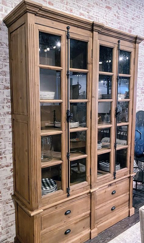 Tall Display Cabinet, Dining Cabinet, Design Salon, Iron Handles, Natural Wood Finish, Mint Julep, Great Room, Black Iron, Glass Doors