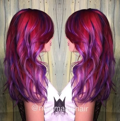 Purple Hair Tips, Purple Red Hair Color, Sunset Hair Color, Red Purple Hair, Hair Color Red Ombre, Brown Ombre Hair Color, Lavender Hair Colors, Sunset Hair, Red Ombre Hair