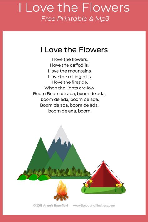 I Love the Flowers Free Printable Lyrics & Mp3 Download. Learn the song and sing along with your kids to support pre-literacy skills. I love the Flowers Lyrics | Spring Songs for Kids | Songs for Kids Lyrics | Preschool Songs | Songs for Kids Printables | songs for preschool Flower Rhymes For Preschool, Flower Literacy Activities Preschool, Flower Songs For Preschoolers, Spring Songs For Preschool, Preschool Spring Songs, Spring Songs For Kids, Flowers Activities, Songs About Flowers, Flower Rhymes