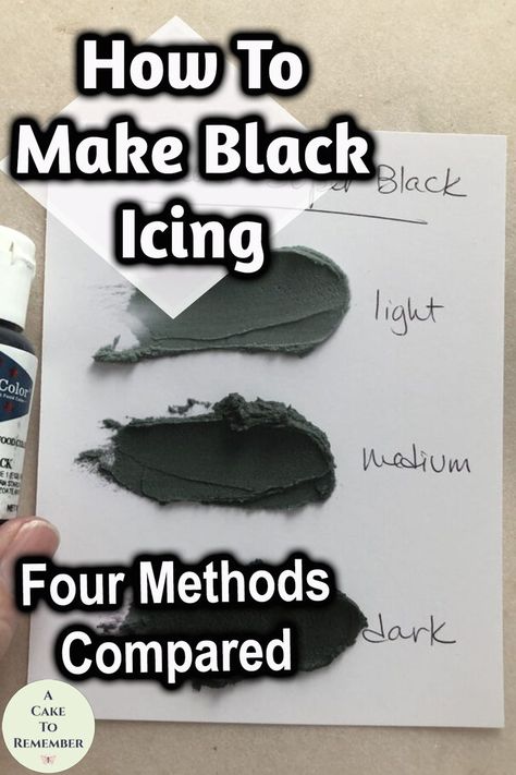 how to make black icing, four methods compared How To Make Black Icing Food Coloring, Making Black Icing, Black Icing How To Make, Black Icing With Food Coloring, How To Make Black Icing, Black Frosting How To Make, Black Cake Icing, Black Icing Cake, Black Cake Drip