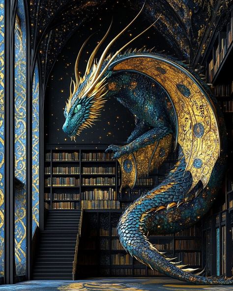 A wise but fierce book dragon watches over an ancient gothic library. He has guarded the books for so long, his magnificent wings have absorbed the spirit of the illuminated manuscripts. Another dream dragon brought to life with the help of Midjourney AI. #bookdragon #dragonart #fantasyart #midjourneyai Dragon Library, Gothic Library, Illuminated Manuscripts, Book Dragon, Illuminated Manuscript, Dragon Art, The Help, Fantasy Art, Arts And Crafts