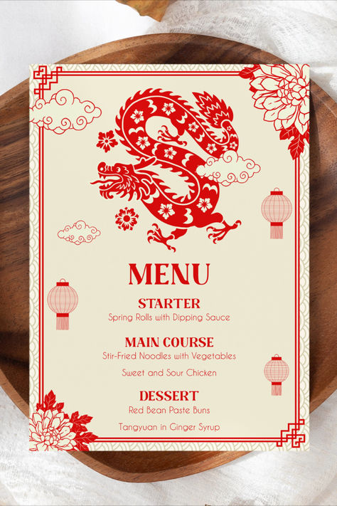 Elevate your Lunar New Year feast with our Chinese Menu Template. Featuring a symbolic dragon design for the Year of the Dragon in 2024, this printable template adds a touch of tradition to your Chinese-themed celebration. Create a captivating and festive menu with this stylish and customizable design. Instantly download for a quick and easy addition to your Lunar New Year festivities. Make your menu as memorable as the celebration itself! Chinese New Year Menu Design, Traditional Chinese Design, Restaurant Menu Designs, Asian Restaurant Menu Design, Chinese Menu Design Ideas, China Themed Party, Japan Menu Design, Chinese Restaurant Menu Design, Chinese Design Pattern