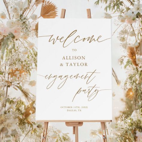 Rustic Gold Engagement Party Welcome Sign Gold And White Engagement Party Ideas, Engagement Party Signs Welcome, Engagement Party Decorations Indoor, Classy Engagement Party, Engagement Signage, Engagement Party Bbq, Engagement Party Rustic, Engagement Party Welcome Sign, Gold Engagement Party