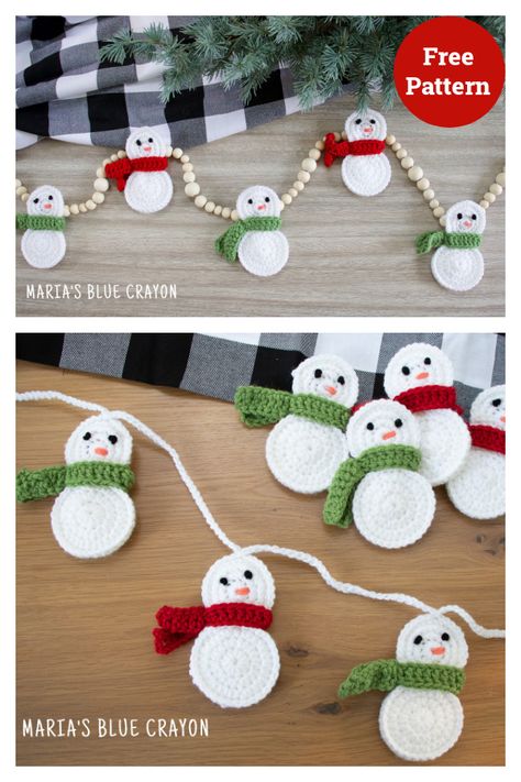 Free Crochet Pattern For Snowman, Free Crochet Bunting Patterns, Crochet Snowman Garland Free Pattern, Crochet Christmas Bell Ornaments Free Pattern, Gingerbread Crochet Garland, Crochet Ball Garland, Snowman Garland Diy, Crochet Snowman Garland, Snowman Free Crochet Pattern