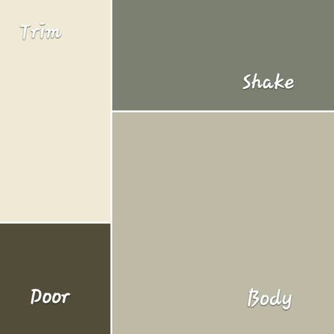 Sherwin Williams paint colors for the house: Body- Jogging Path; Shake- Dried Thyme; Trim- Summer White; Door- Enduring Bronze. Olive Green Shutters On Cream House, Dried Thyme Sherwin Williams Exterior, Green House Exterior White Trim, House Exterior White Trim, Olive Green House Exterior, Olive Green House, Jogging Path, Green House Exterior, Outside House Colors