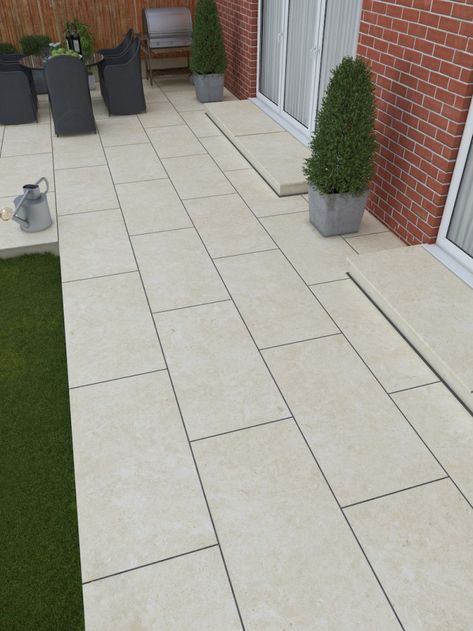 Outdoor Tile Patio, Garden Slabs, Curved Patio, Outdoor Porcelain Tile, Porcelain Paving, Raised Patio, Outdoor Paving, Patio Steps, Patio Slabs