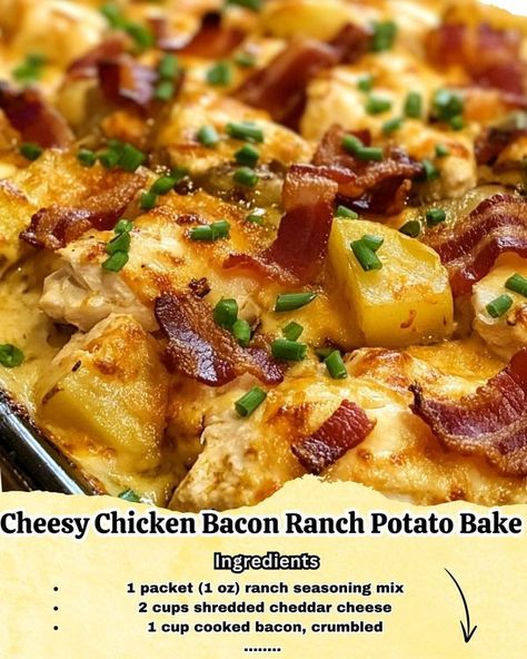 Homestyle Family Recipes | Cheesy Chicken Bacon Ranch Potato Bake 🥔🍗 | Facebook Chicken Bacon Ranch Potato Bake, Ranch Potatoes Baked, Bacon Ranch Potatoes, Ranch Potatoes, Potato Bake, Ranch Seasoning Mix, Chicken Bacon Ranch, Diced Potatoes, Bacon Ranch