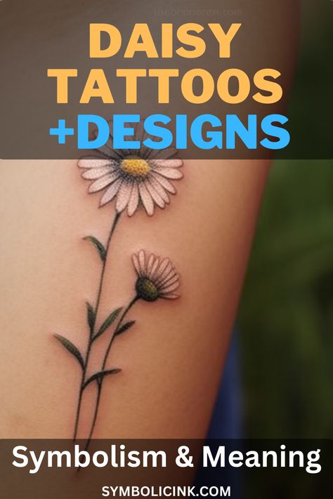 Daisy Tattoo Meaning Daisy Arrow Tattoo, Tattoos With Daisies, Daisy Tattoo Ideas For Women, Pink Daisy Tattoo Small, Small Daisy Bouquet Tattoo, Daisy Memorial Tattoo Mom, Daisy Color Tattoo, 2 Daisies Tattoo, Daisy With Name Tattoo