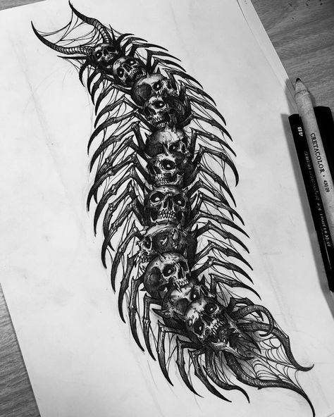 Shin Tattoo Men Stencil, Dark And Creepy Tattoos, Demonic Stomach Tattoos, Skeleton Centipede Tattoo, Scary Centipede Tattoo, Creepy Centipede Tattoo, Skeleton Centipede, Creepy Tattoo Sleeve, Skull Centipede Tattoo