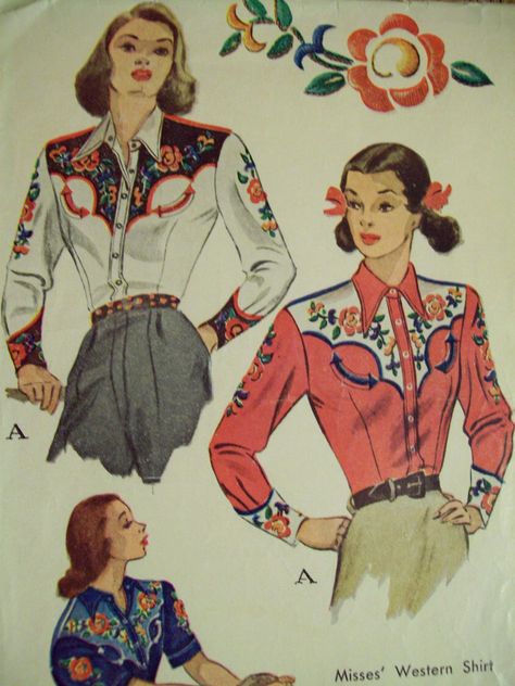 sewing vintage western shirts Western Shorts, Cowgirl Vintage, Western Patterns, Western Blouse, Vintage Western Wear, Sewing Vintage, Patron Vintage, Western Style Shirt, Shirt Sewing Pattern