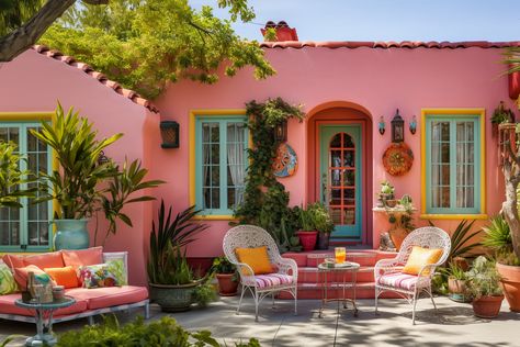 Colorful Homes Exterior, Maximalist Home Exterior, Maximalist Exterior House, Pink Mediterranean House, Mexican Colorful Houses, Colorful Houses Exterior Bright, Colorful House Exterior, Mexico Colorful Houses, 70s House Exterior