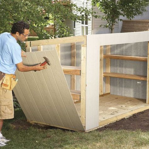 How to Build a DIY Outdoor Storage Cabinet | Family Handyman Bike Locker Storage, Diy Outdoor Storage Cabinet, Lawn Mower Shed, Snowblower Storage, Mower Shed, Outdoor Storage Locker, Lawn Equipment Storage, Small Outdoor Storage, Corrugated Plastic Roofing