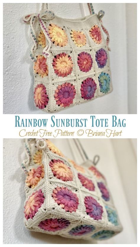 Rainbow Sunburst Tote Bag Crochet Free Pattern Tote Bag Pattern Crochet, Crochet Purse Ideas, Tote Bag Rajut, Free Crochet Tote Bag Patterns, Granny Square Crochet Bag Pattern Free, Crochet Squares Bag, Crochet Tote Bag Tutorials, Tote Bag Crochet Pattern Free, Knitted Bags Free Patterns