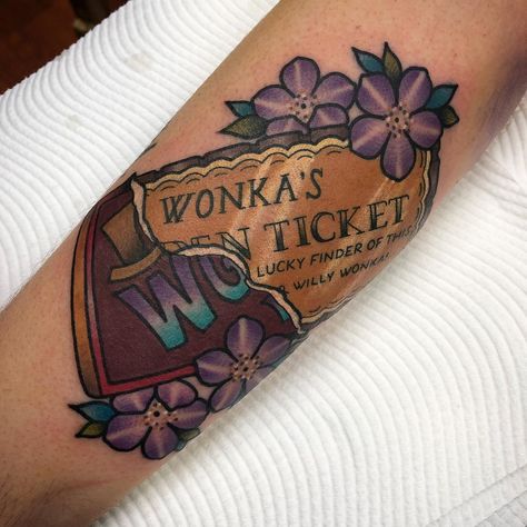 Sami Locke Tattoos on Instagram: “Wonka’s Golden Ticket for my girl Georgia 💜💕 #willywonkatattoo #willywonka #goldenticket #goldentickettattoo #charlieandthechocolatefactory…” Willy Wonka Tattoo Ideas, Wonka Tattoo Ideas, Willy Wonka Tattoo, Wonka Tattoo, Writer Tattoos, Chocolate Tattoo, Violet Willy Wonka, Willy Wonka Quotes, Writer Tattoo